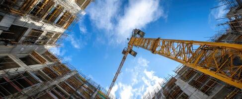 The construction crane towering over a modern building project in progress. photo
