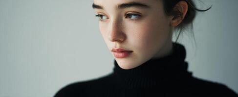 The captivating portrait of a young woman in a stylish turtleneck. photo