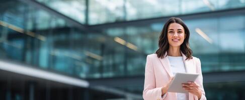 The professional woman using a tablet in a modern urban environment. photo