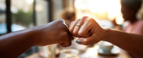 Two people fist bumping each other at a table photo