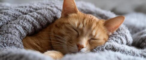 The serene cat sleeping peacefully in a cozy blanket setting. photo