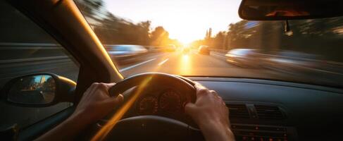 The car driving into the sunset on a busy highway scene photo