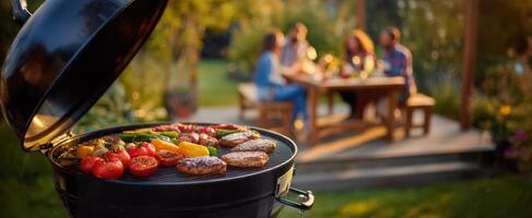 The grilling experience with friends in a beautiful backyard setting photo