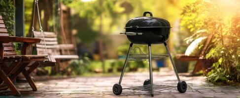 The charcoal grill ready for a delightful outdoor cooking experience in summer. photo
