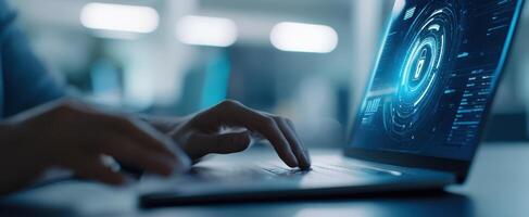 The laptop with a futuristic cybersecurity interface and user interaction. photo
