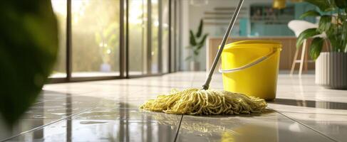 The mop resting on a clean floor next to a bright yellow bucket photo