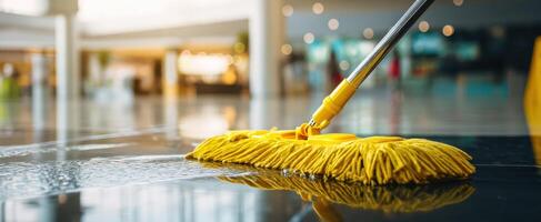 The mop gliding over a shiny floor in a modern workspace environment. photo