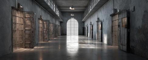 The haunting corridor of a historic prison showcasing rusty cell doors. photo