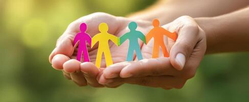 The Hands Holding Colorful Figures Representing Unity and Togetherness photo