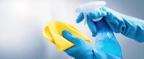 The hands holding a spray bottle and cloth for effective cleaning tasks. photo