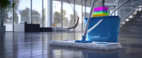 The blue cleaning bucket and mop on a modern, polished floor. photo