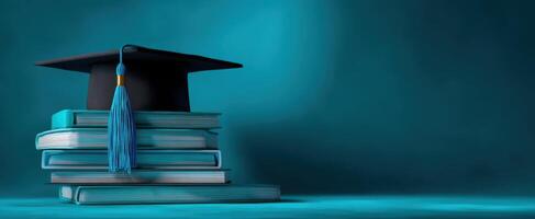 The graduation cap resting on a stack of books against a teal backdrop. photo