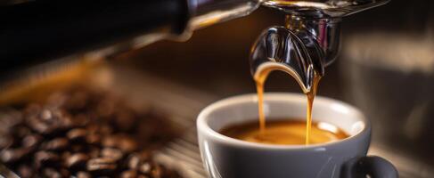 The espresso shot being extracted from a professional coffee machine. photo