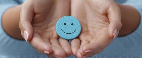 The hands holding a blue smiley face symbolizing positivity and joy photo
