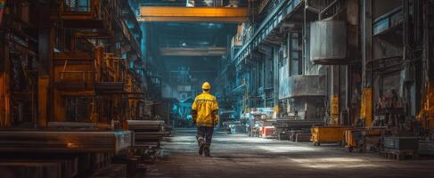 The industrial worker navigating through a vast manufacturing facility. photo