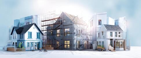 The construction and renovation of various houses in an urban setting. photo