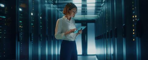The woman using a tablet in a modern server room environment. photo