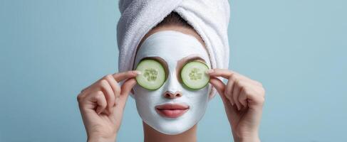 The woman enjoying a relaxing spa treatment with cucumber and facial mask. photo