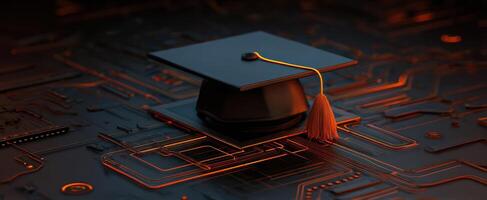 The graduation cap symbolizing the fusion of education and technology in modern learning. photo
