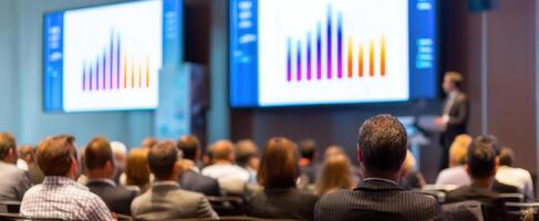 The audience engaged in a business presentation showcasing data analytics insights. photo