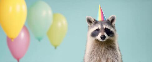 The Raccoon Wearing a Colorful Birthday Hat with Balloons in a Festive Setting photo