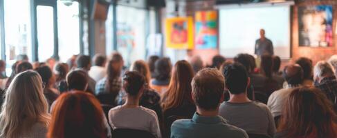 The audience engaged during a lively presentation in a modern venue photo