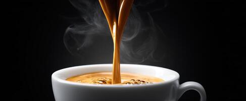 The steaming espresso pouring into a white cup against a dark background. photo