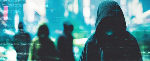 The Mysterious Hooded Figures Emerge Amidst a Digital Urban Landscape. photo