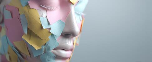 The mannequin adorned with colorful sticky notes artfully arranged on its face. photo