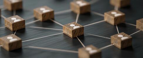 The network of wooden nodes connected by strings representing digital communication. photo