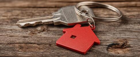 The keys to a new home with a red house keychain on wood. photo