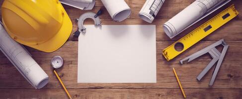 The construction helmet and tools arranged for an architectural project on a wooden surface. photo