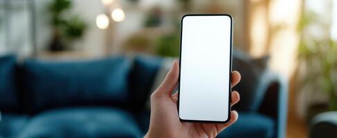 The smartphone held in hand with a blank screen in a cozy living room photo
