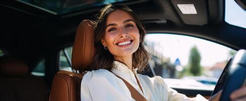 The woman smiling happily while driving a stylish car on a sunny day. photo