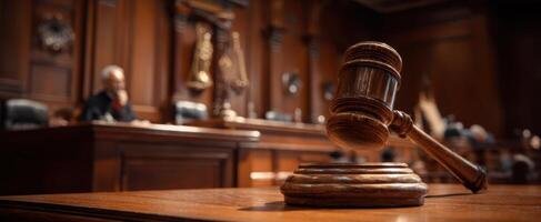The gavel symbolizes authority and justice in a courtroom setting. photo