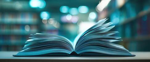 The open book showcasing its pages in a library setting. photo