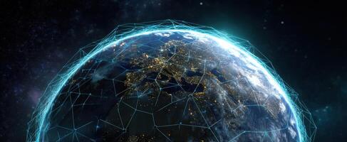 The interconnected globe showcasing a digital network above Earth at night. photo