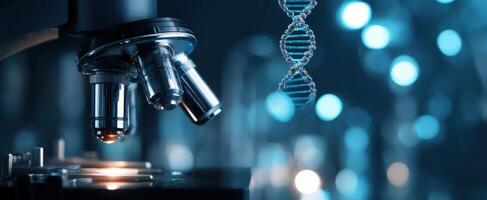 The advanced microscope revealing intricate DNA structures in a modern laboratory setting. photo