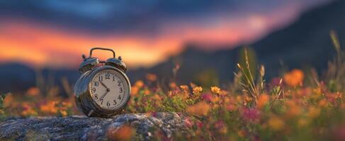 The Vintage Clock in a Colorful Flower Field at Sunset. photo