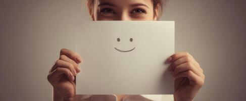The smiling woman holding a paper with a happy face drawing. photo