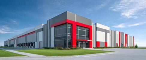 The modern industrial building with striking red and grey exterior design. photo