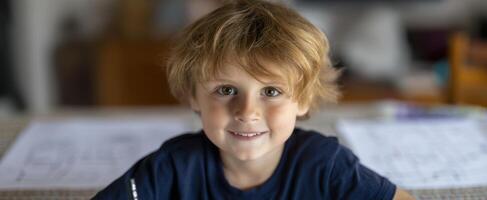 The cheerful boy with sparkling eyes enjoying his time at home. photo