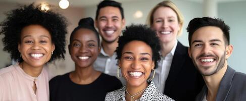 The diverse group of smiling professionals enjoying a moment together in the office. photo