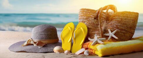 The vibrant beach essentials set for a perfect summer getaway. photo