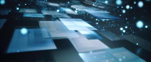 The Dynamic Motion of Floating Data Panels in a Futuristic Digital Landscape photo