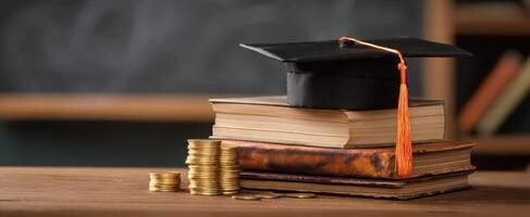 The graduation cap resting on books symbolizing education and financial success. photo