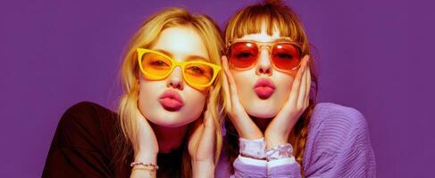 The stylish women posing together with colorful sunglasses and vibrant expressions. photo