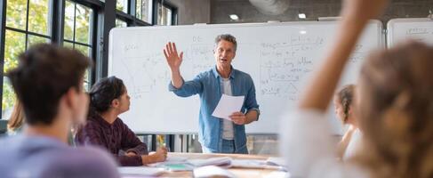 The teacher engaging students during a dynamic classroom presentation. photo