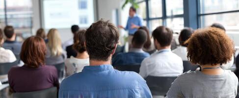 The engaged audience attentively listens during a professional seminar presentation. photo