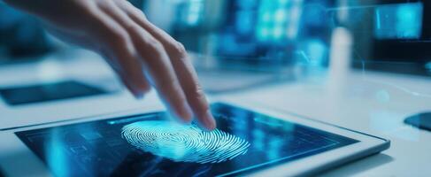 The advanced digital fingerprint scan on a modern tablet device. photo